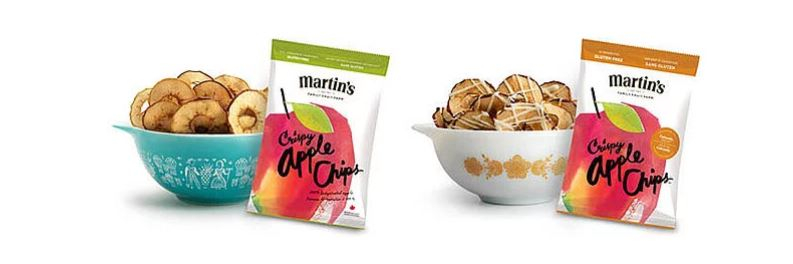 Martin's Apple Chips product packaging beside a bowl of apple chips
